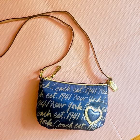 Coach Handbags - COACH Poppy Blue Gold New York Script Signature Heart Poppy Crossbody